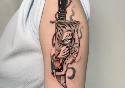 Neo Traditional Tiger and Blade Tattoo